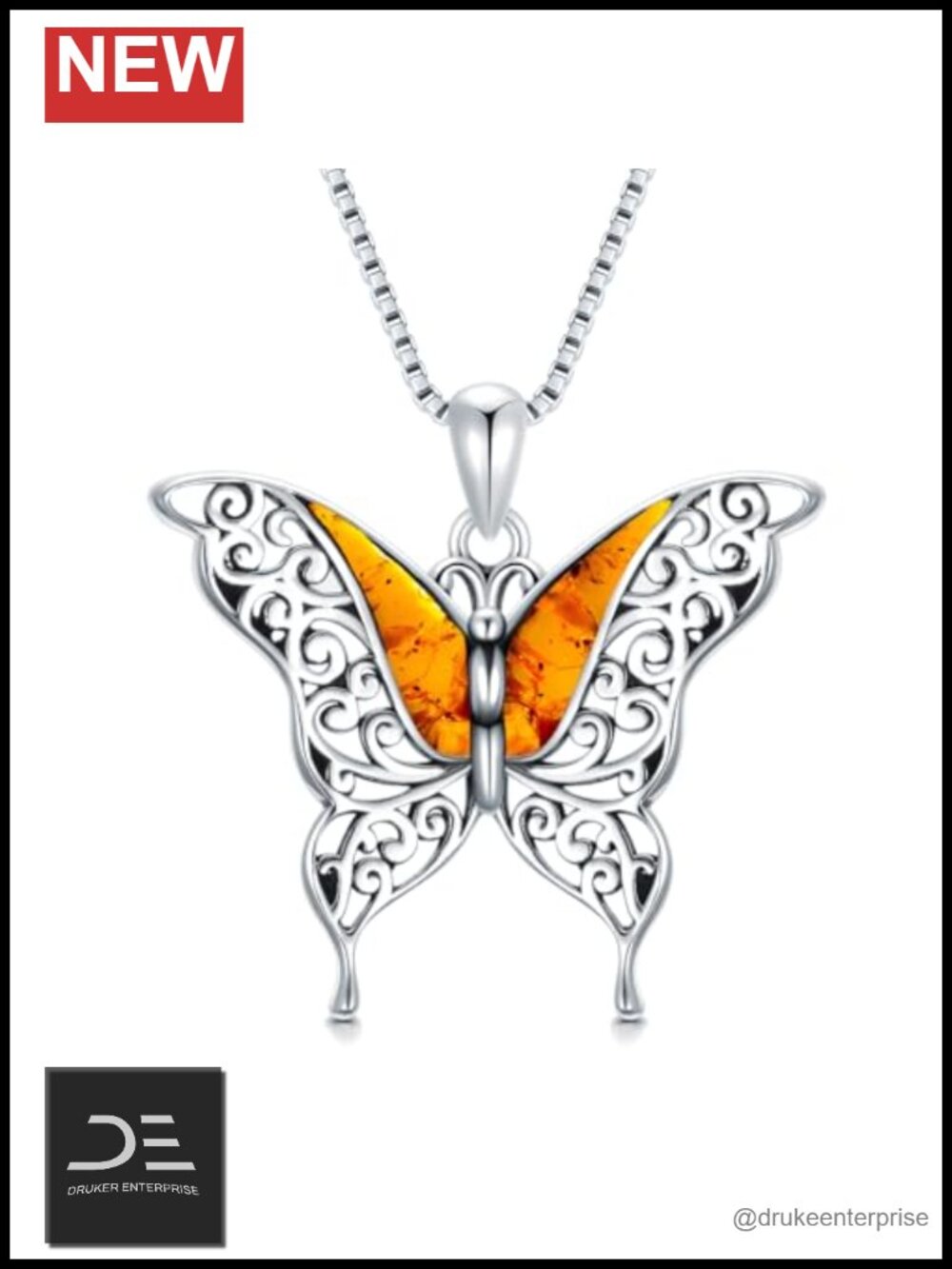 Genuine Amber Butterfly Pendant Necklace 925 Sterling Silver Oxidized Openwork